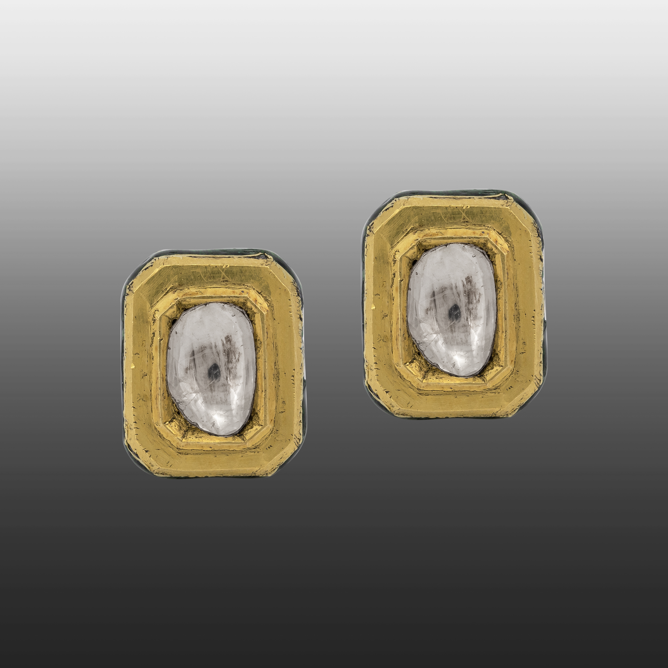 Rectangular Polki Stud Earrings in Gold Finish